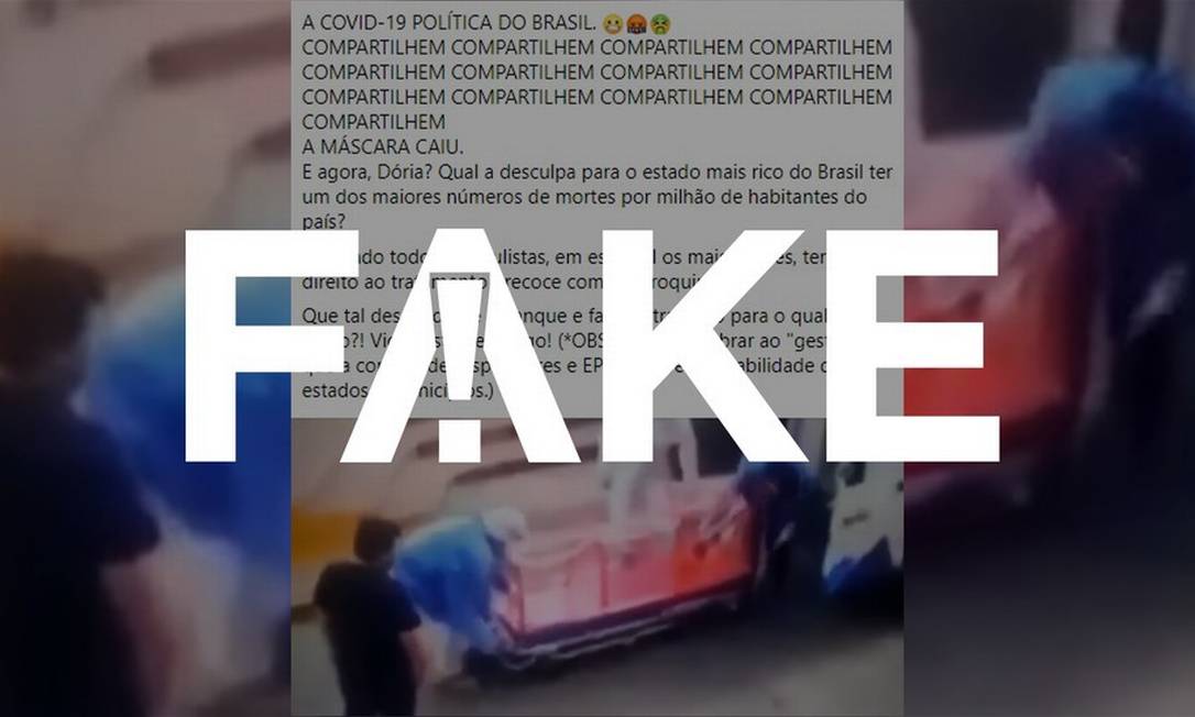 É #FAKE que vídeo mostre equipe médica forjando caso de Covid-19 em São Paulo Foto: Reprodução