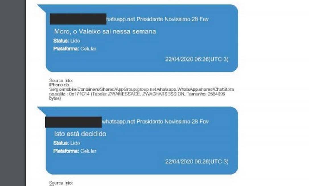 Trecho de mensagem em que Bolsonaro comunica a Moro troca na direção-geral da PF Foto: Reprodução
