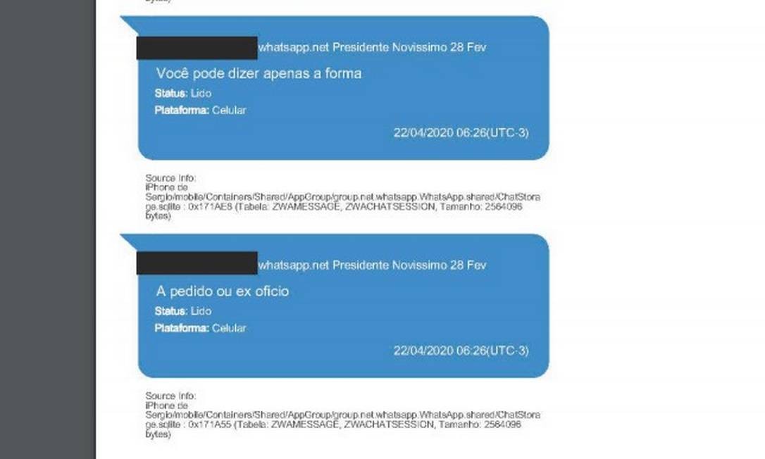 Mensagens fazem parte de inquérito que apura interferência de Bolsonaro na Polícia Federal Foto: Reprodução