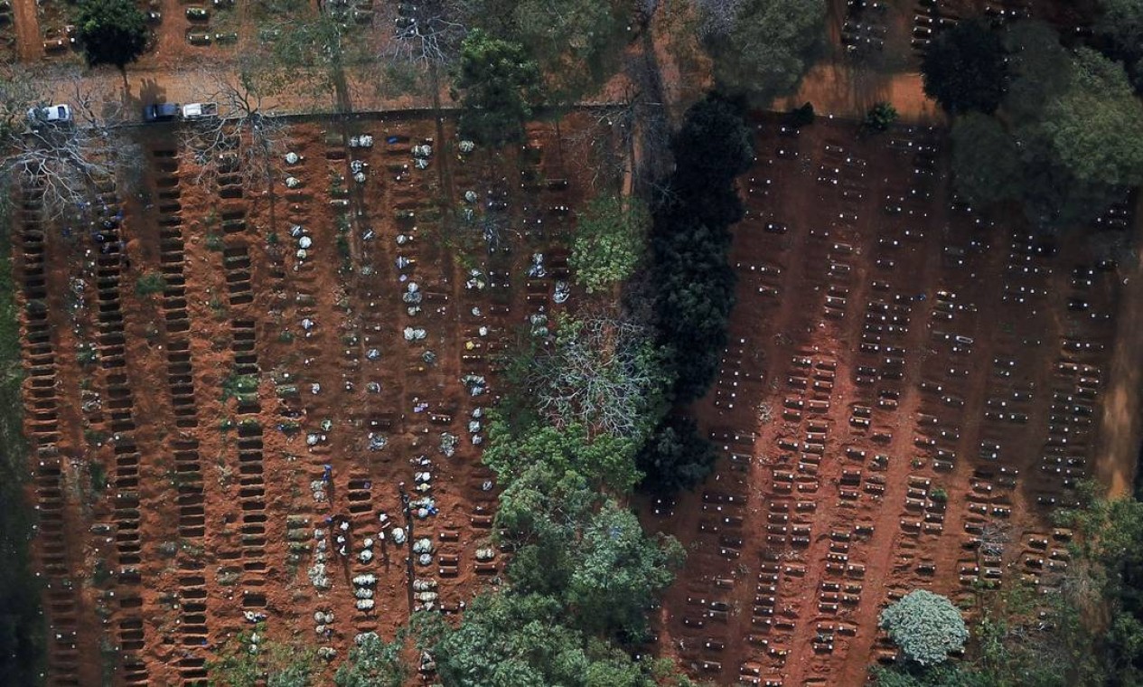 Vista aérea de sepulturas abertas e ocupadas durante o surto de COVID-19, no cemitério de Vila Formosa, em São Paulo Foto: AMANDA PEROBELLI / REUTERS