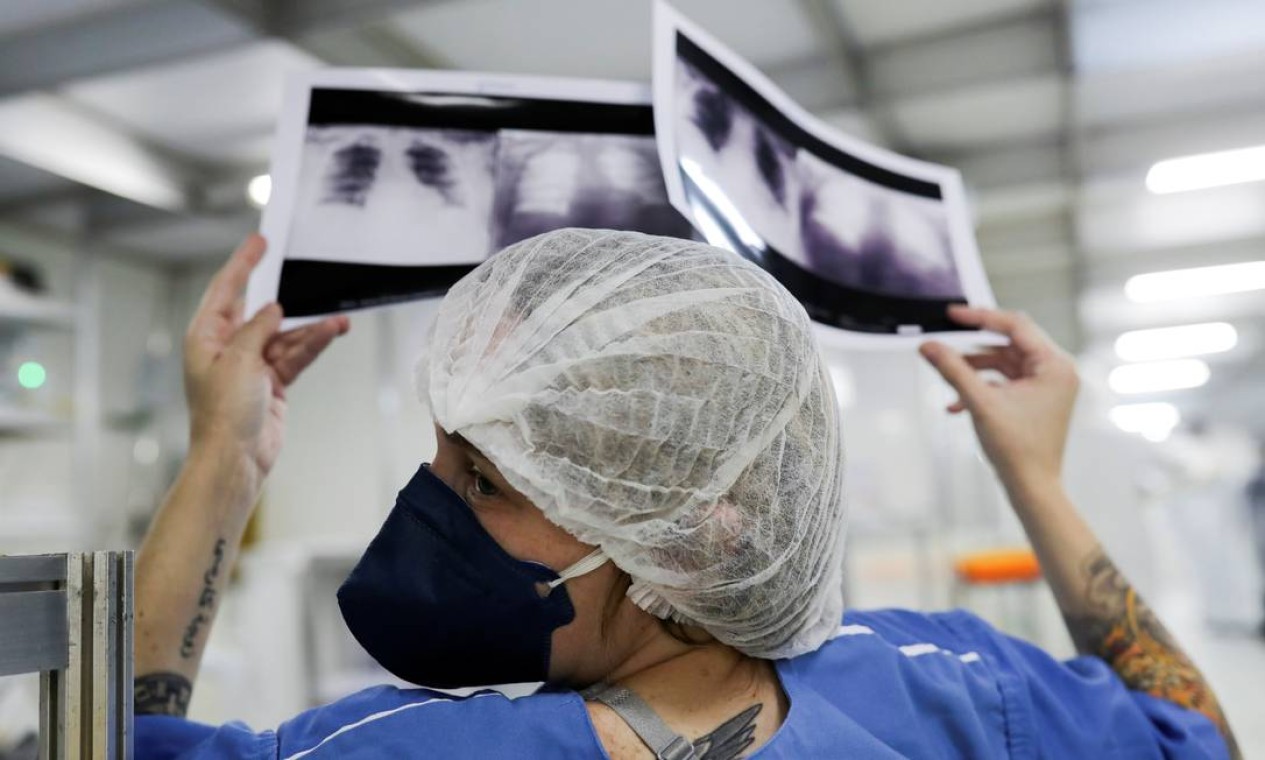 Médica compara duas radiografias de tórax diferentes de um paciente enquanto conversa com um colega de equipe em um hospital de campanha montado em Guarulhos Foto: AMANDA PEROBELLI / REUTERS