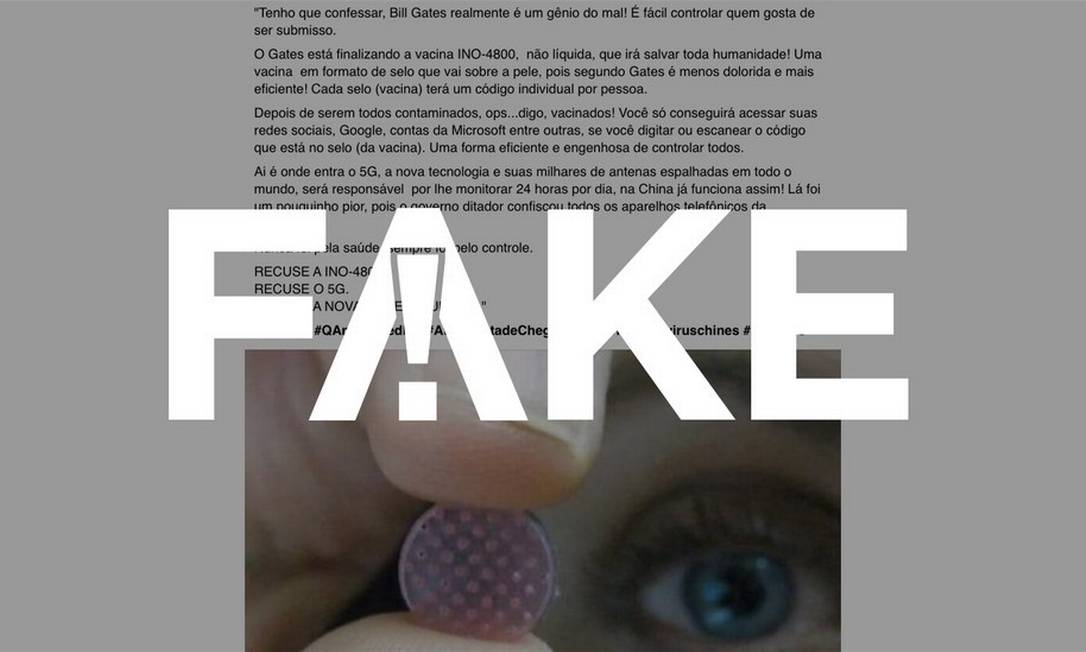 É #FAKE que Bill Gates financie vacina não líquida contra a Covid-19 que instala chip nas pessoas Foto: Reprodução