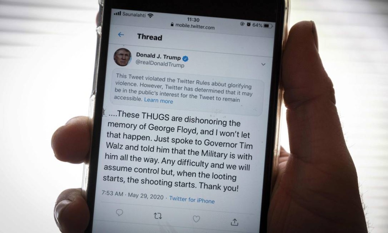 O então presidente dos EUA, Donald Trump, incitou a violência entre a Guarda Nacional e foi advertido publicamente pelo Twitter Foto: OLIVIER MORIN / AFP - 29/05/2020
