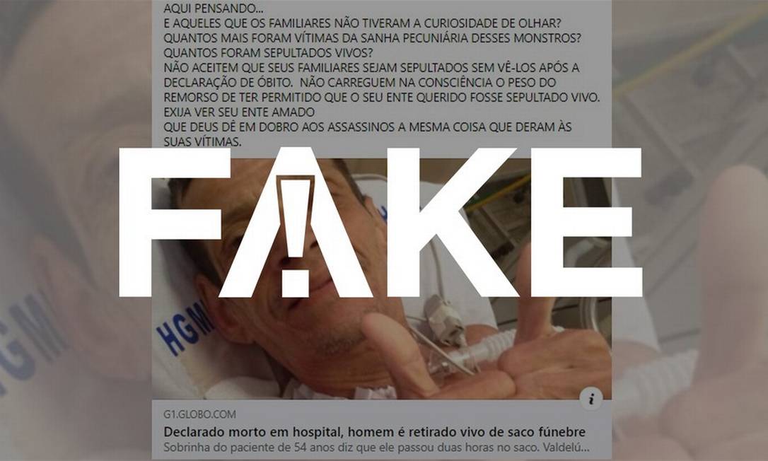 É #FAKE que homem foi colocado vivo em saco fúnebre na BA para inflar mortes por coronavírus Foto: Reprodução
