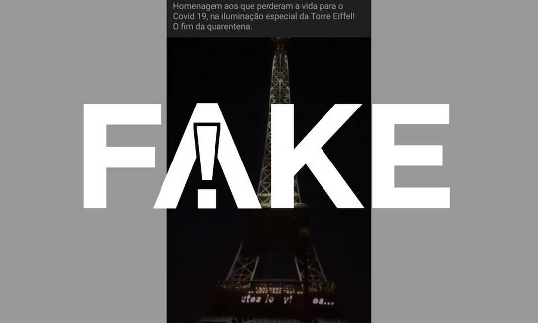 É #FAKE que vídeo mostre Torre Eiffel reaberta à visitação com inscrição 'por todas as vítimas' em homenagem aos mortos pela Covid-19 Foto: Reprodução