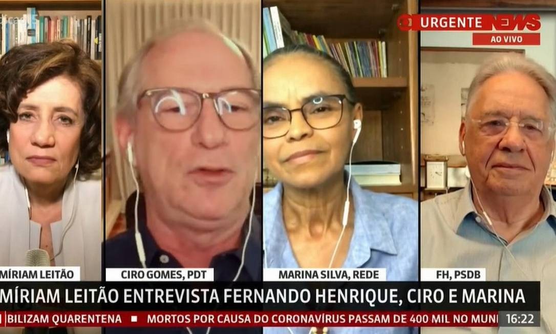 Debate mediado pela colunista do GLOBO Miriam Leitão reúne Ciro Gomes, Marina Silva e Fernando Henrique Foto: Reprodução