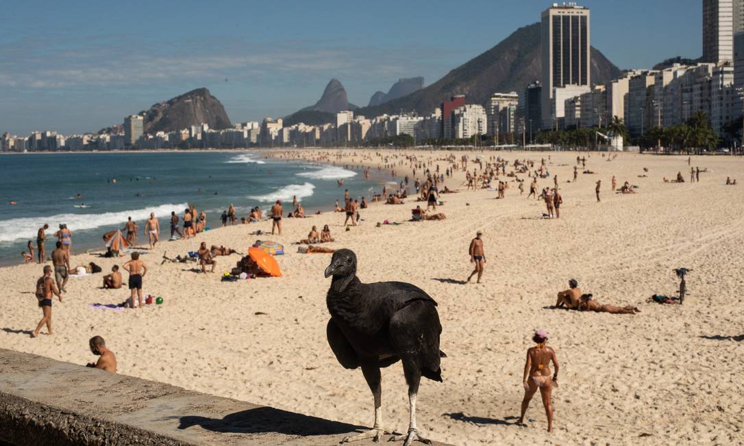 Praia do Leme ficou lotada, neste domingo (21) Foto: BRENNO CARVALHO / Agência O Globo