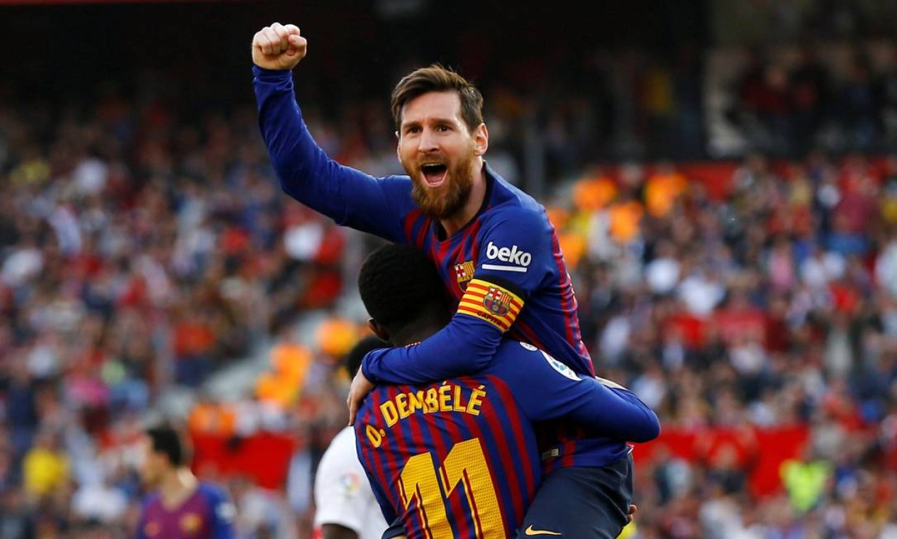 Messi comemora gol sobre o Sevilha durante partida pela Liga Santander, em fevereiro de 2019 Foto: MARCELO DEL POZO / Reuters