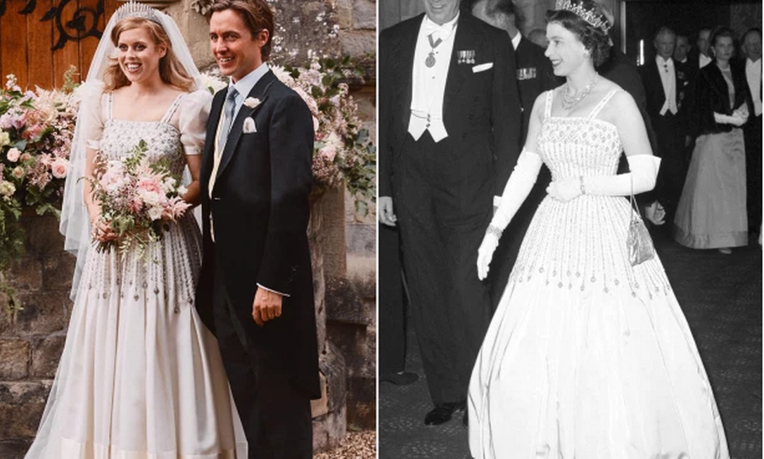 Beatrice em seu casamento e a Rainha Elizabeth II com o mesmo vestido Foto: Getty Images