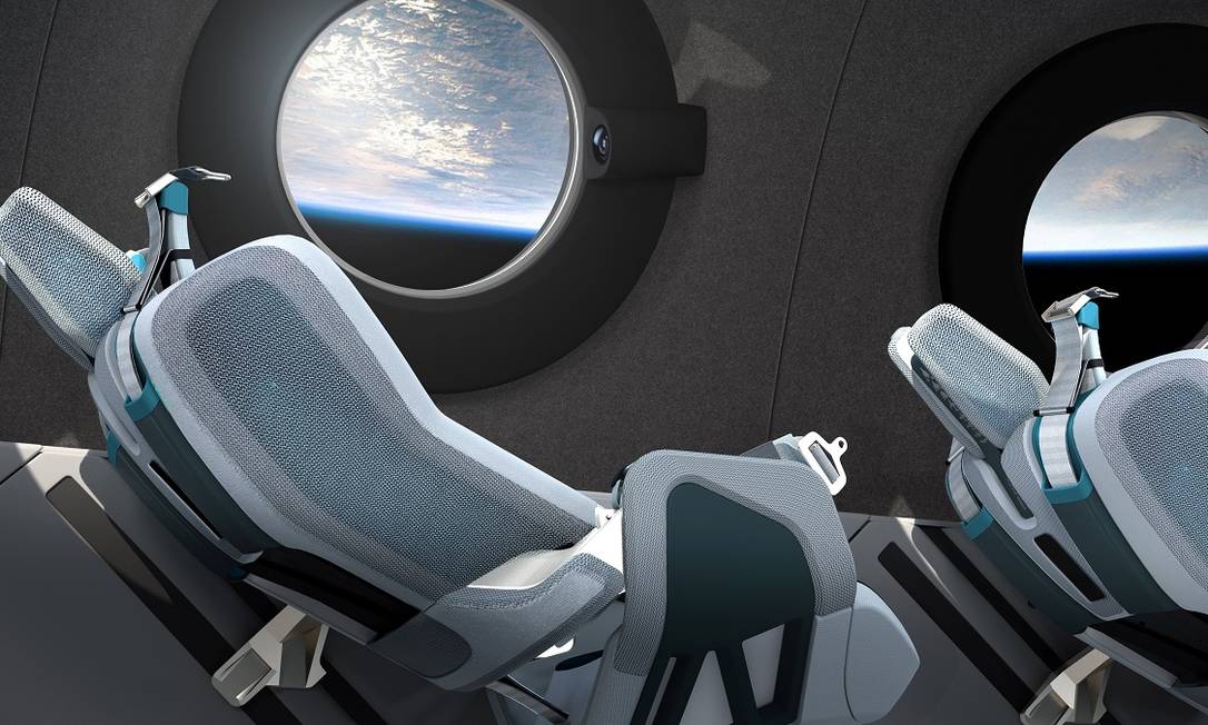 A nave da Virgin Galatic tem câmeras instaladas junto à janela para que o passageiro possa fazer selfies com a Terra ao fundo Foto: Virgin Galactic / Divulgação / Via Reuters