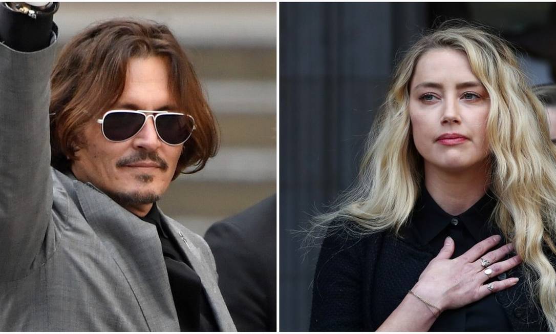O ex-casal de atores Johnny Depp e Amber Heard, em encontro no tribunal Foto: Colagem de fotos de Toby Melville/Reuters (Depp) e Simon Dawson/Reuters (Amber)