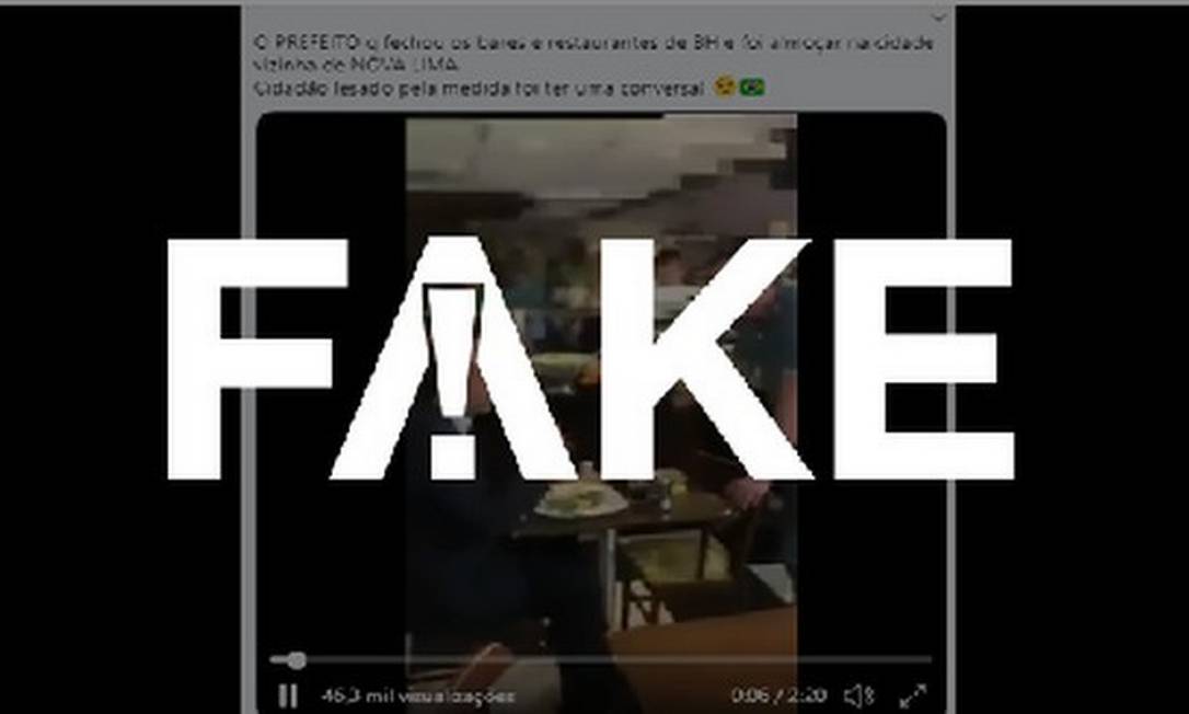 É #FAKE que vídeo mostre prefeito de BH sendo cobrado por isolamento em restaurante de Nova Lima em meio à pandemia Foto: Reprodução
