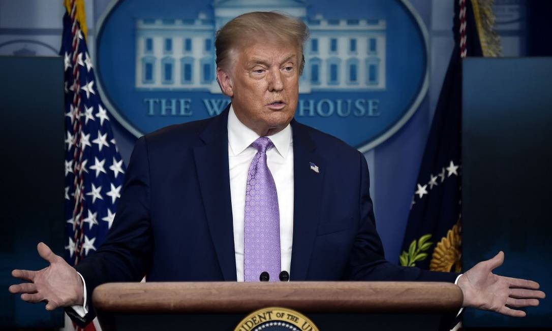 Presidente Donald Trump, durante entrevista coletiva na Casa Branca Foto: OLIVIER DOULIERY / AFP