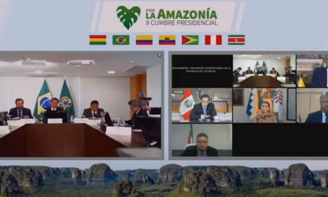O presidente Jair Bolsonaro participa de cúpula com presidentes da Amazônia Foto: Reprodução/Youtube