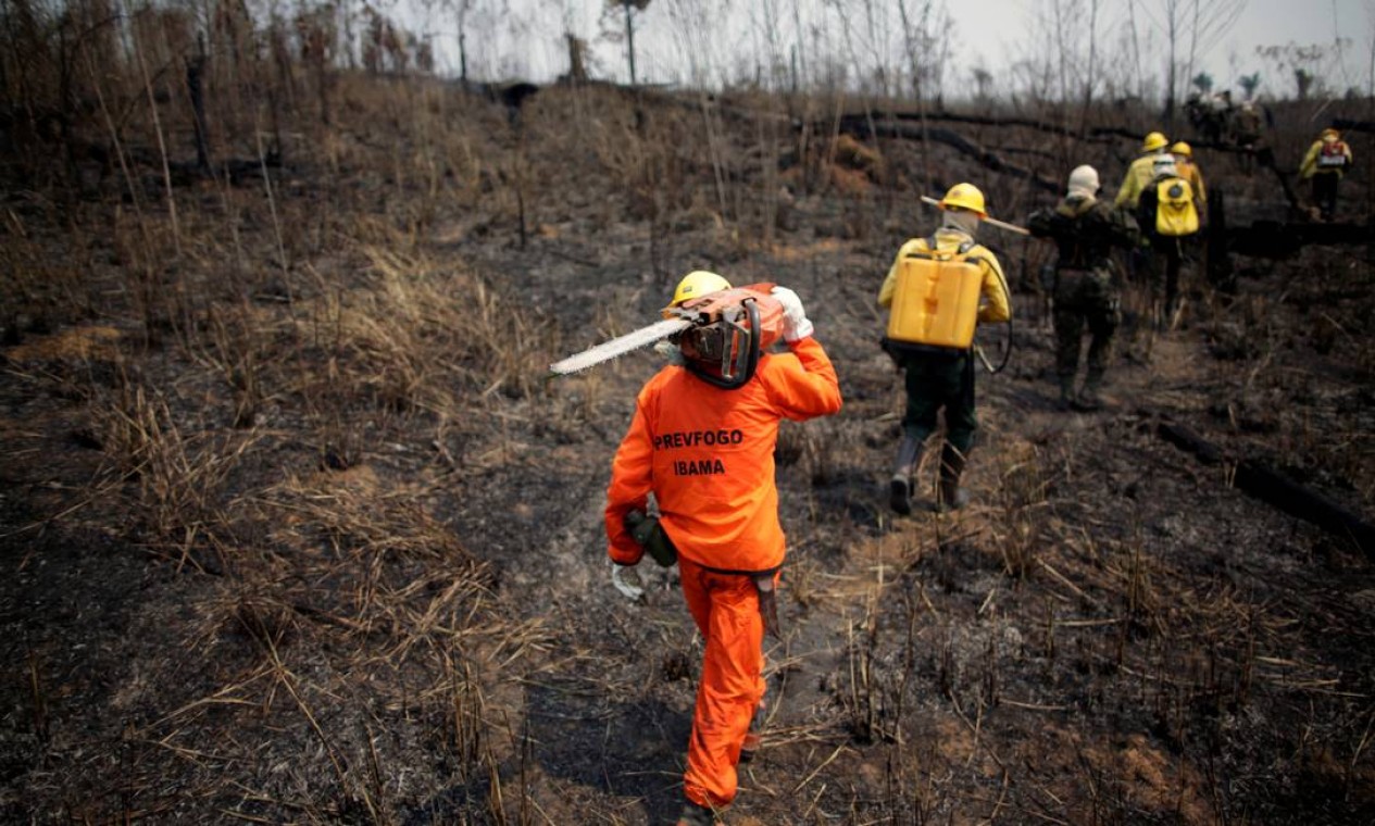 Membros da brigada de incêndio e soldados do Exército do Instituto Brasileiro do Meio Ambiente e dos Recursos Naturais Renováveis (Ibama) tentam controlar pontos quentes em uma área da selva amazônica perto de Apuí, no Amazonas Foto: UESLEI MARCELINO / REUTERS