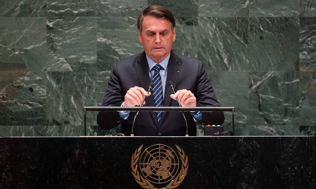 Jair Bolsonaro, durante discurso na ONU Foto: JOHANNES EISELE/AFP