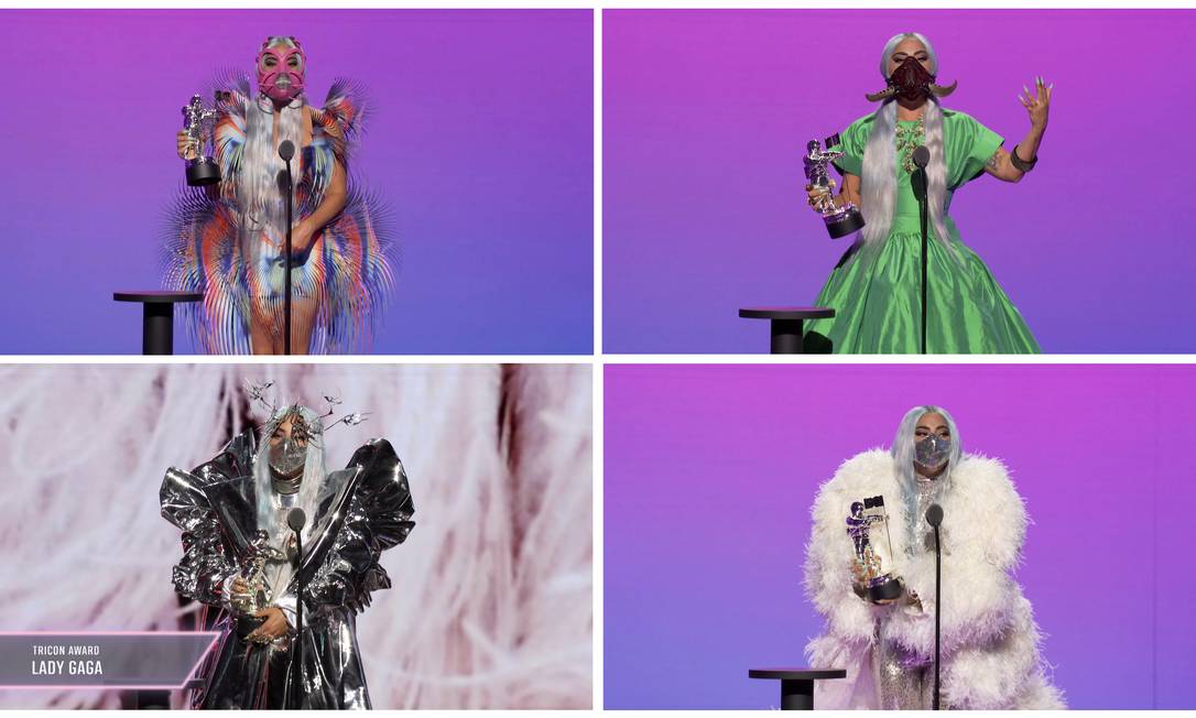 Vencedora de cinco prêmios, inclusive o inédito Tricon Award, Lady Gaga esbanjou criatividade nas máscaras e defendeu uso da proteção facial Foto: VIACOM / via REUTERS