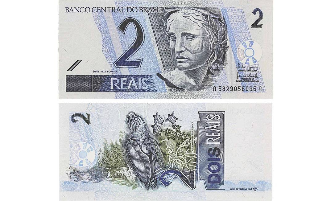 A cédula de R$ 2 foi lançada em 2001, ainda na primeira família de cédulas do Real. O animal retratado é a tartaruga-marinha. Foto: Reprodução