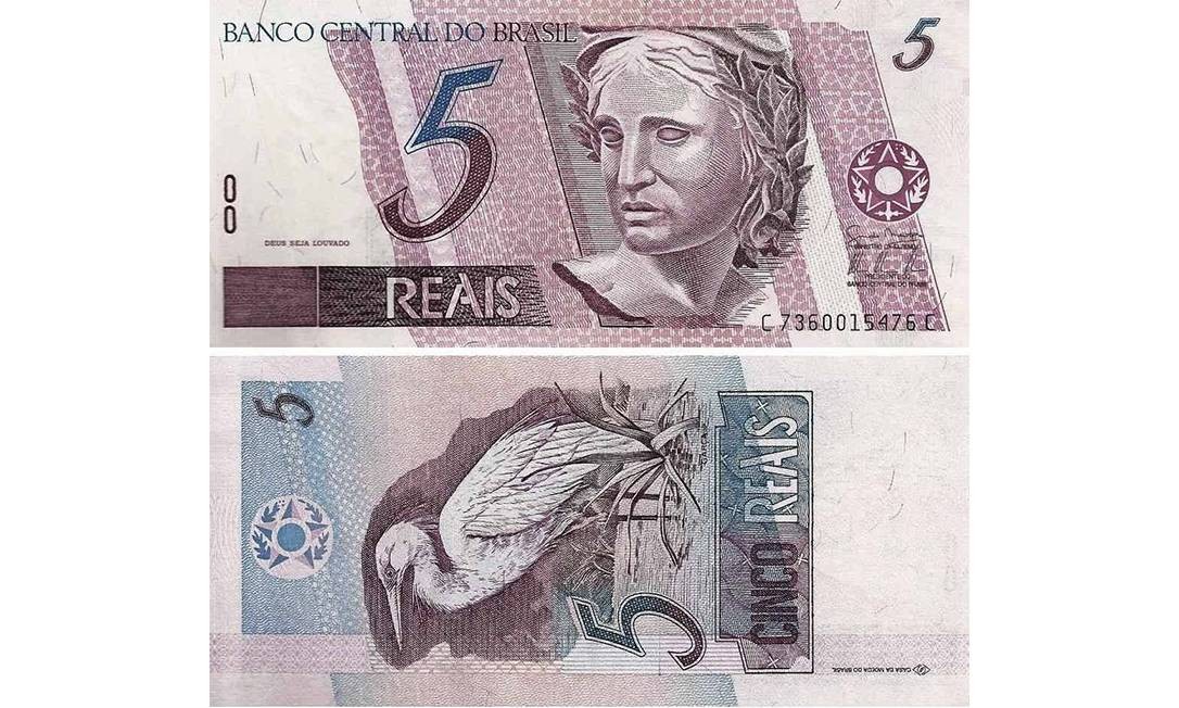As cédulas de R$ 5 e de R$ 2 foram impressas até o lançamento da segunda família de cédulas do real, em 2013. O animal retratado é a garça. Foto: Reprodução