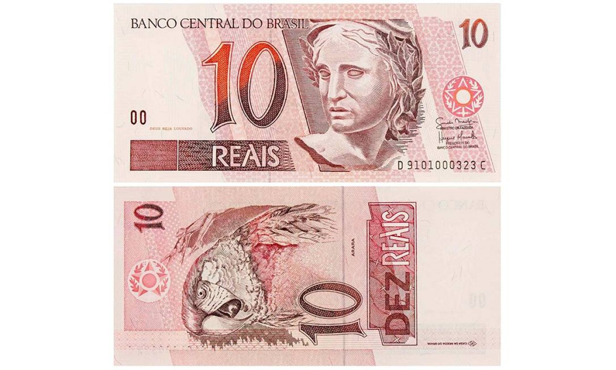 A nota de R$ 10 circulou entre 1994 e 2002. O animal retratado é a arara. Foto: Reprodução