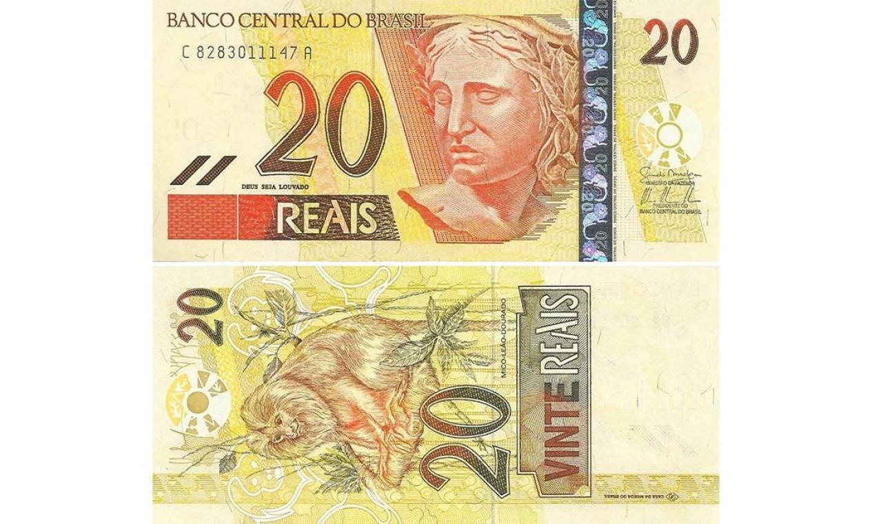 A nota de R$ 20 foi lançada em 2002 e foi impressa por 10 anos. O animal retratado é o mico-leão dourado Foto: Reprodução