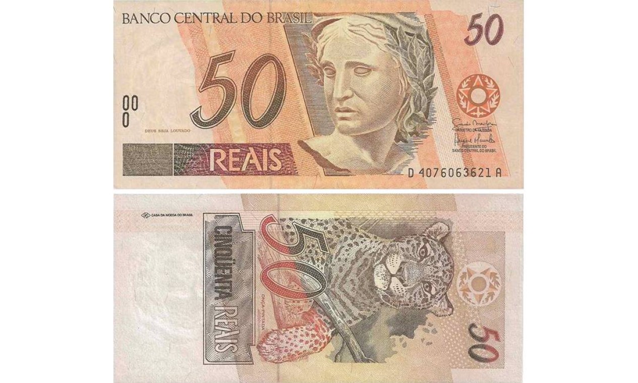 As notas de R$ 50 e de R$ 100 foram as primeiras a serem substituídas pela nova família de cédulas do Banco Central, em 2010. O animal retratado é a onça-pintada. Foto: Reprodução