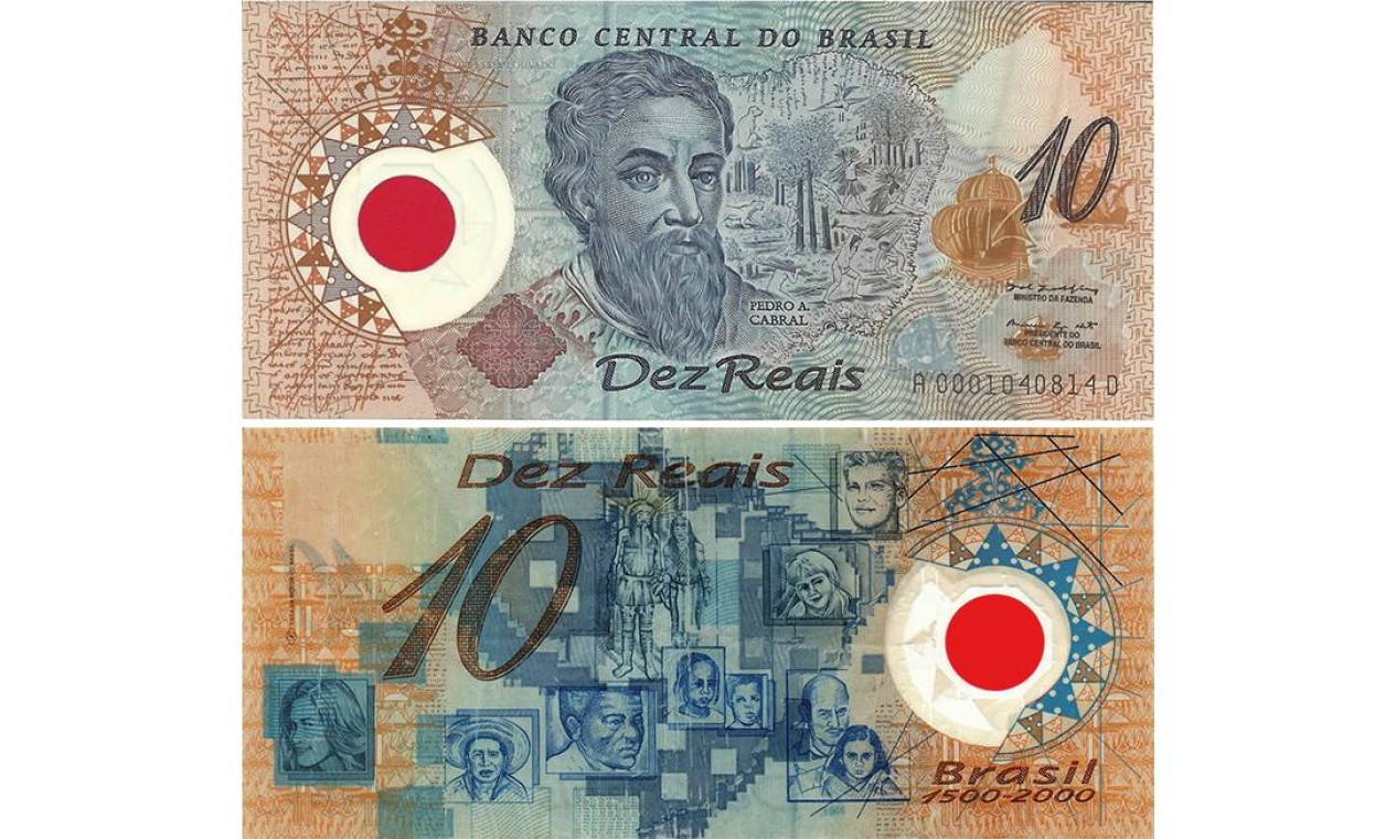 Nota de R$ 10 de plástico foi lançada em 2000 para comemorar os 500 anos da chegada dos portugueses à costa brasileira Foto: Reprodução