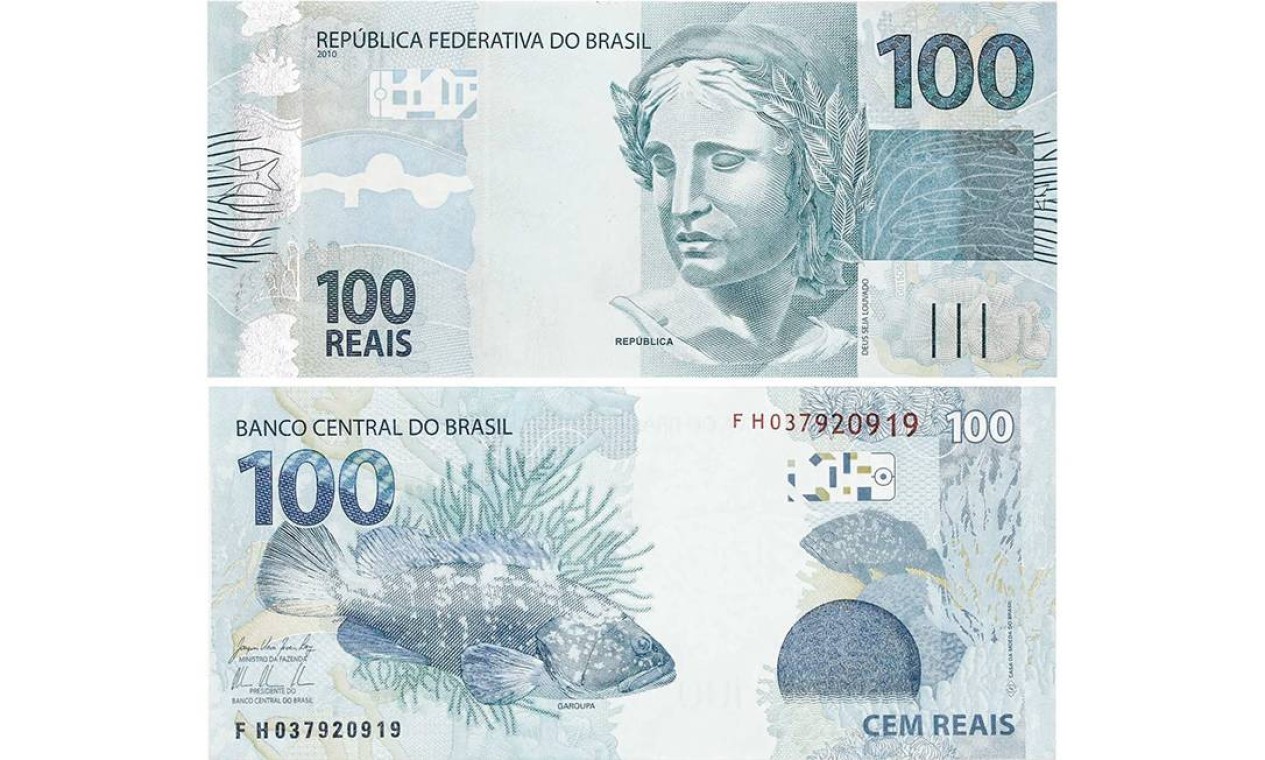 As notas R$ 100 foram lançadas junto com as de R$ 50 na segunda família de cédulas de real a entrarem em circulação. O animal retratado é a garoupa. Foto: Reprodução