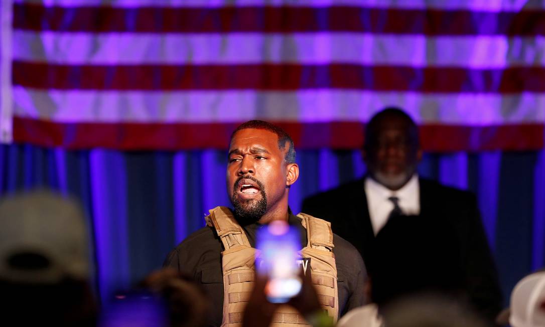 Em seu primeiro comício em busca da presidência, em julho, Kanye West criticou o aborto e defendeu a legalização da maconha Foto: Randall Hill / Reuters