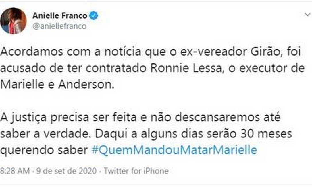 Anielle, sister of Marielle Franco, highlighted the connection between Girão and Lessa Photo: Reproduction