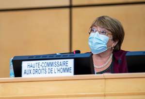 Michelle Bachelet, Alta Comissária da ONU para Direitos Humanos, durante discurso na abertura da sessão do Conselho de Direitos Humanos da ONU em Genebra Foto: MARTIAL TREZZINI / AFP