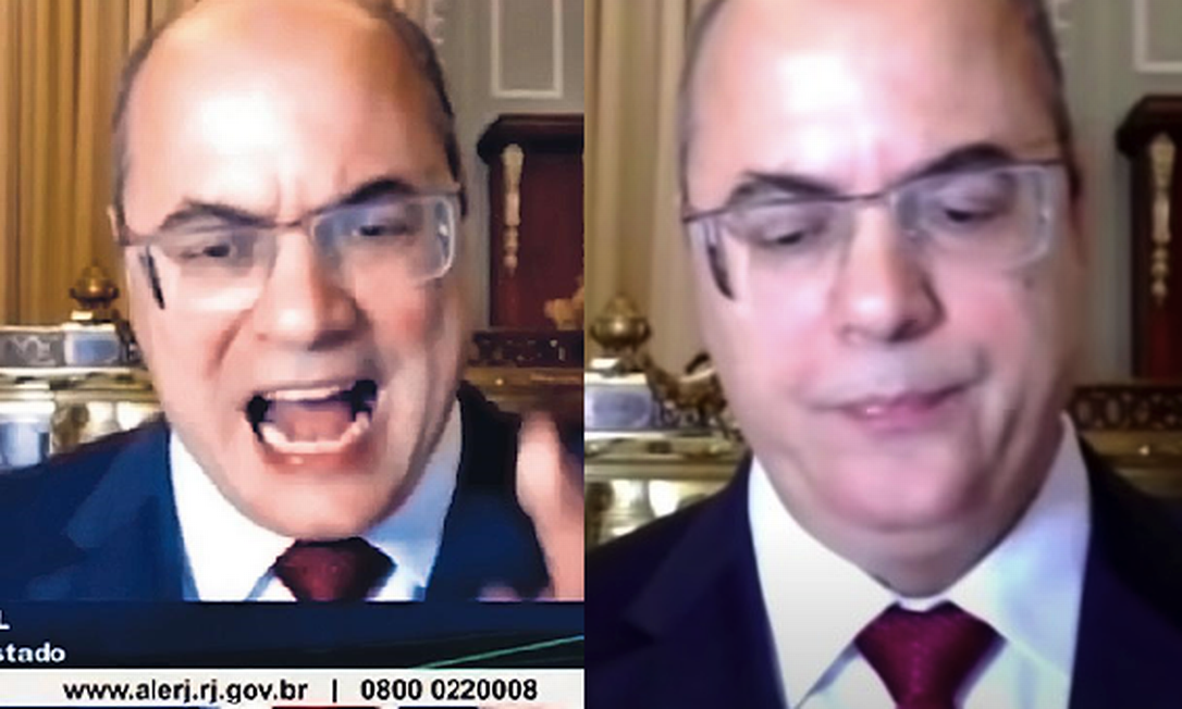 À esquerda, Witzel com dedo em riste rebate as acusações contra ele; à direita, expressão que especialista definiu como de 'desprezo' Foto: TV Alerj / Reprodução
