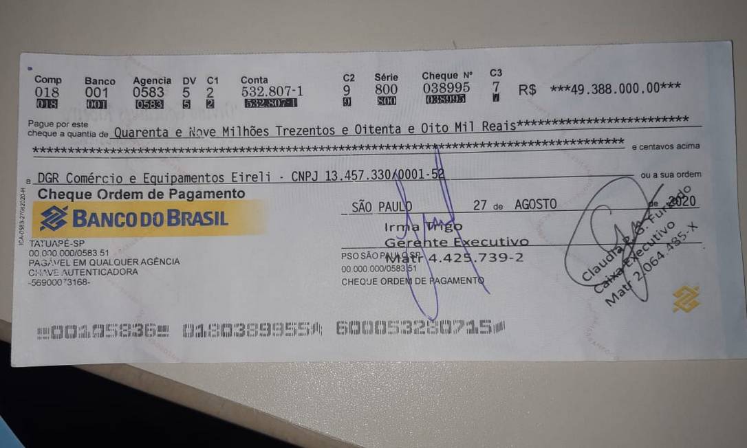 O cheque falsificado no valor de R$ 49,3 milhões Foto: Divulgação