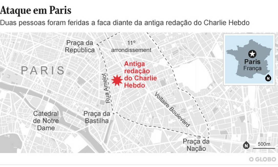 Local do ataque a faca que deixou dois feridos em Paris, nas proximidades da antiga redação da revista Charlie Hebdo Foto: Arte O Globo
