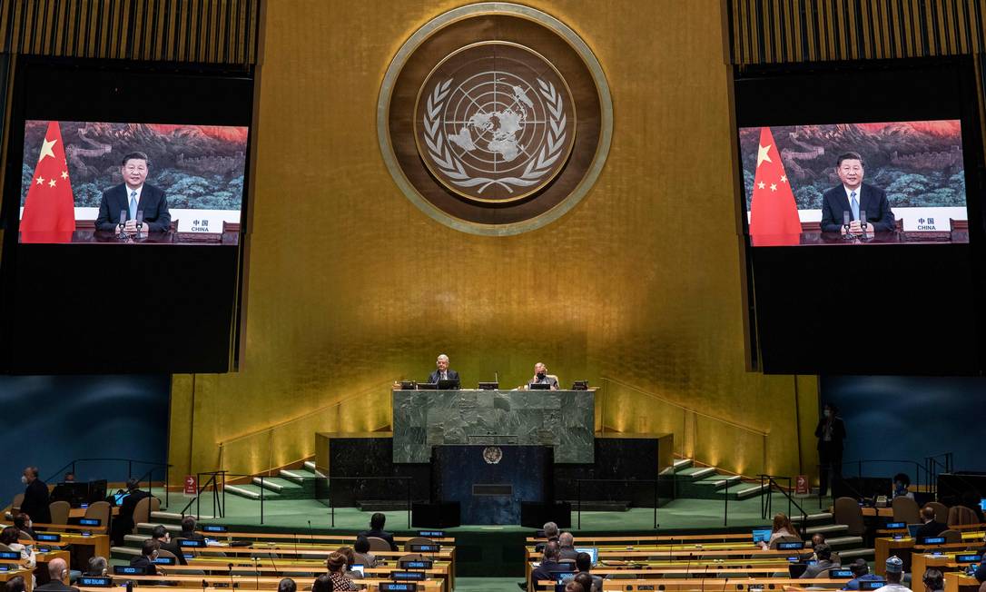 Xi Jinping discursa na Assembleia Geral virtual da ONU, quando prometeu neutralizar as emissões de carbono da China até 2060 Foto: ESKINDER DEBEBE / AFP/22-9-2019