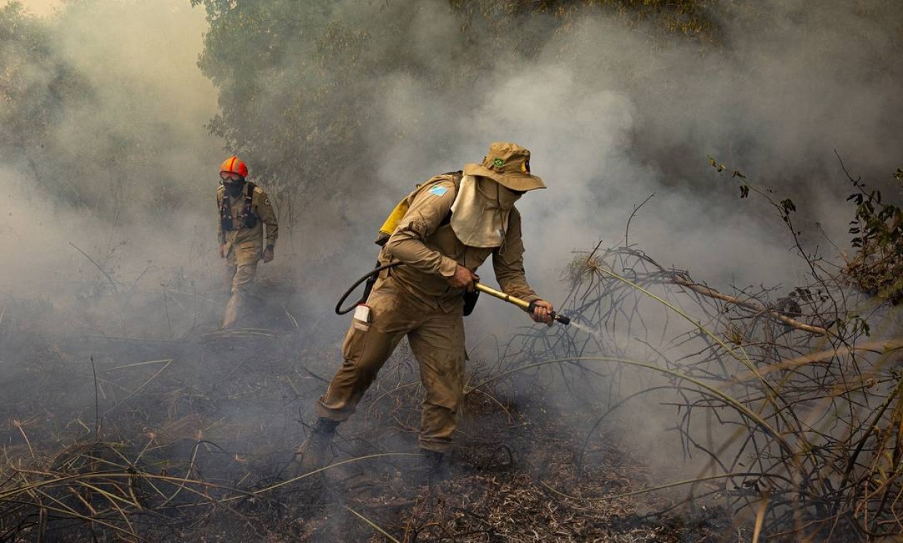 Bombeiros, brigadistas e voluntários se somam num esforço coletivo para conter as chamas no Pantanal do Mato Grosso Foto: Araquém Alcântara / Divulgação