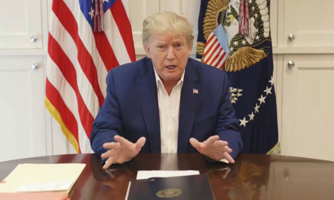 O presidente dos Estados Unidos, Donald Trump, em vídeo publicado do Hospital Walter Reed Foto: Reprodução / Casa Branca