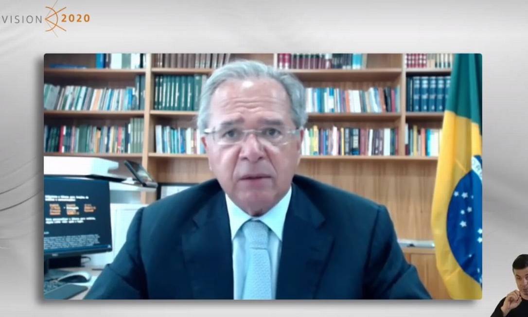 O ministro da Economia, Paulo Guedes, participa de videoconferência com economistas Foto: Reprodução