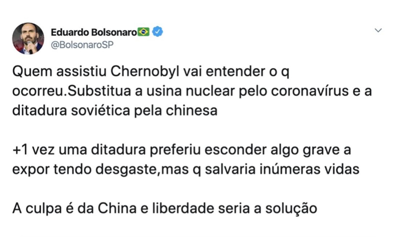 Eduardo Bolsonaro começou a crise diplomática com a China em 18 de março, ao culpar o país pela pandemia Foto: Reprodução / Twitter