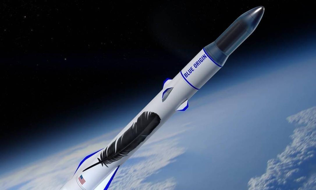 Representação do foguete New Glenn, da Blue Origin, a ser lançado em 2021 Foto: Divulgação