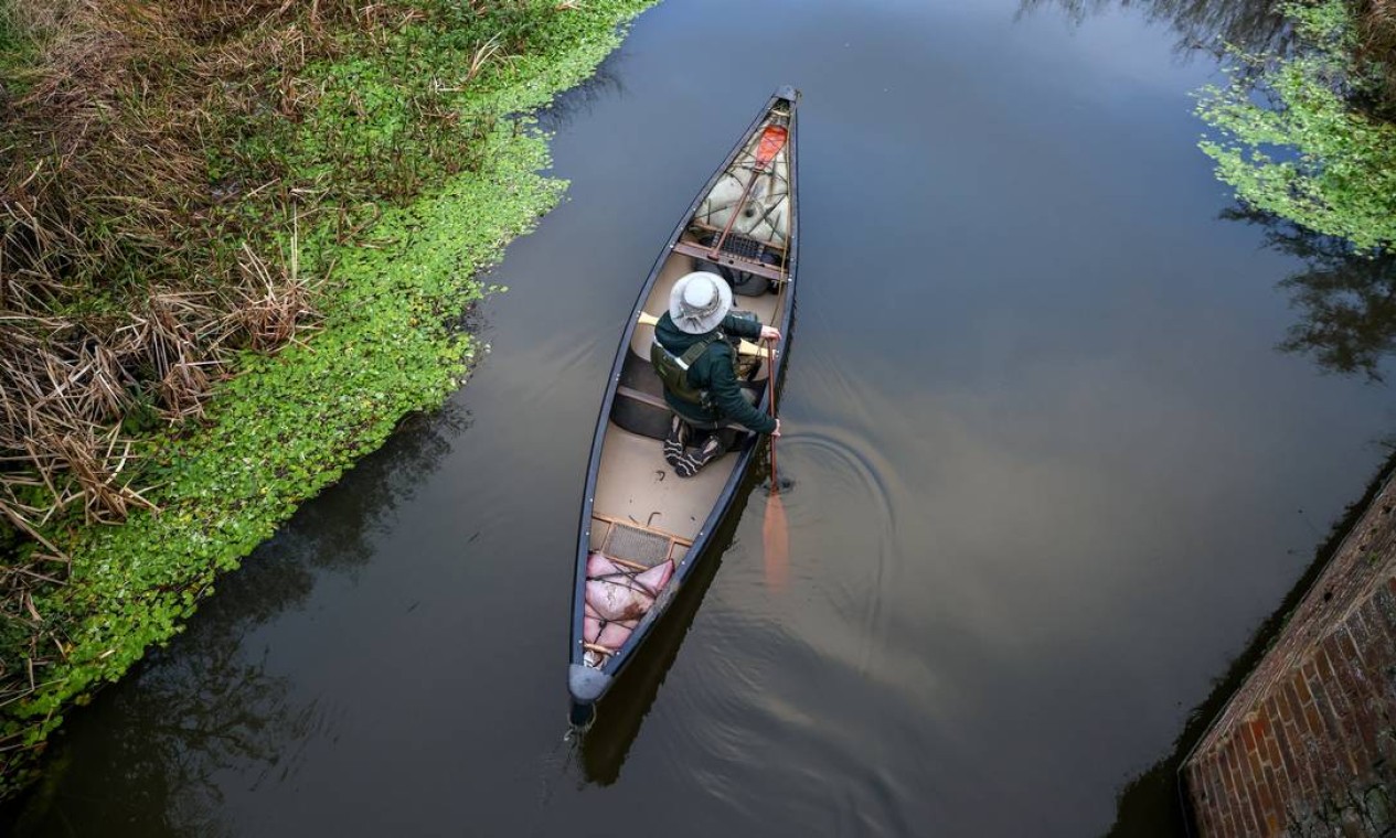 Um homem rema em uma canoa no rio Wey, perto de Ripley, no condado de Surrey, Grã-Bretanha Foto: KEVIN COOMBS / REUTERS