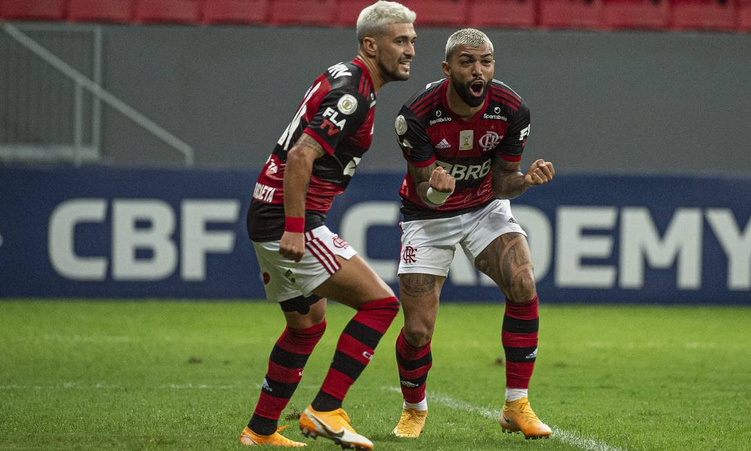Arrascaeta e Gabigol comemoram sobre o Palmeiras Foto: Alexandre Vidal/Flamengo
