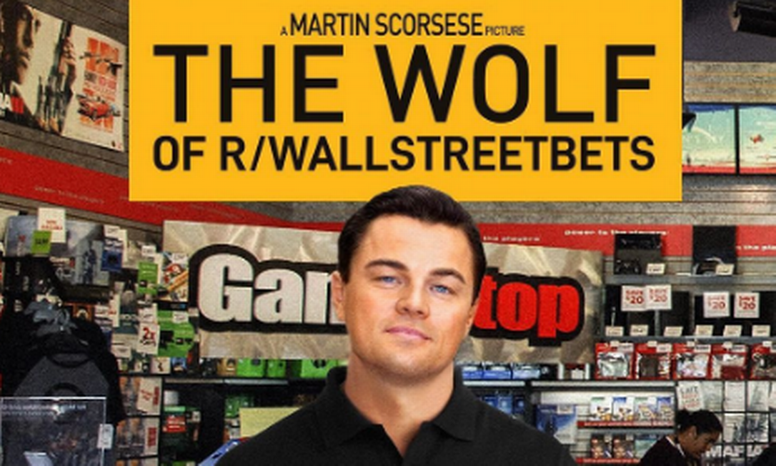Leonardo Di Caprio caracterizado como o Lobo de Wall Street trabalhando numa loja da GameStop: memes brincam com frenesi do caso Foto: Reprodução