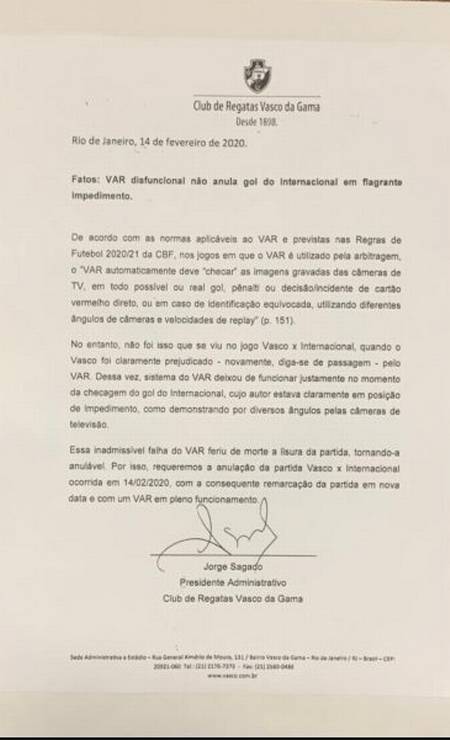 Of�cio do Vasco � CBF Foto: Divulga��o