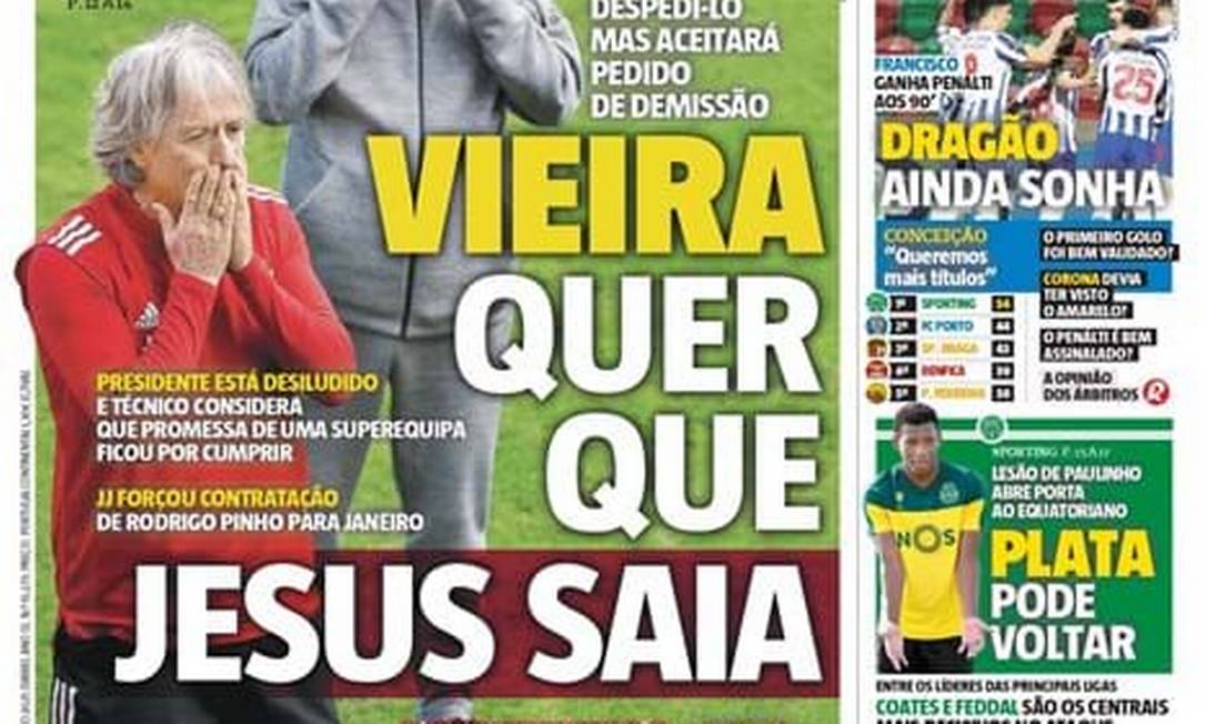 Jornal português: presidente quer saída de Jesus do Benfica Foto: Reprodução/Record