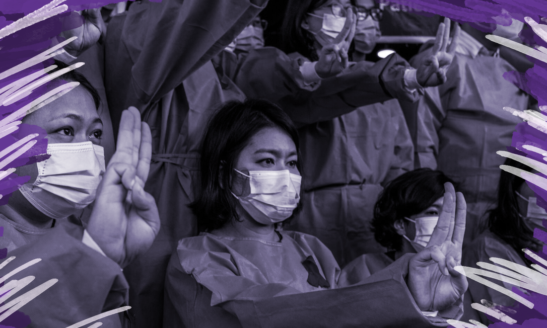 Médicas de um hospital em Yangon protestaram dias após o golpe militar no mês passado. Na imagem, elas fazem a saudação de três dedos, inspirada no filme "Jogos Vorazes", que já se tornou um dos símbolos das manifestações. Foto: New York Times