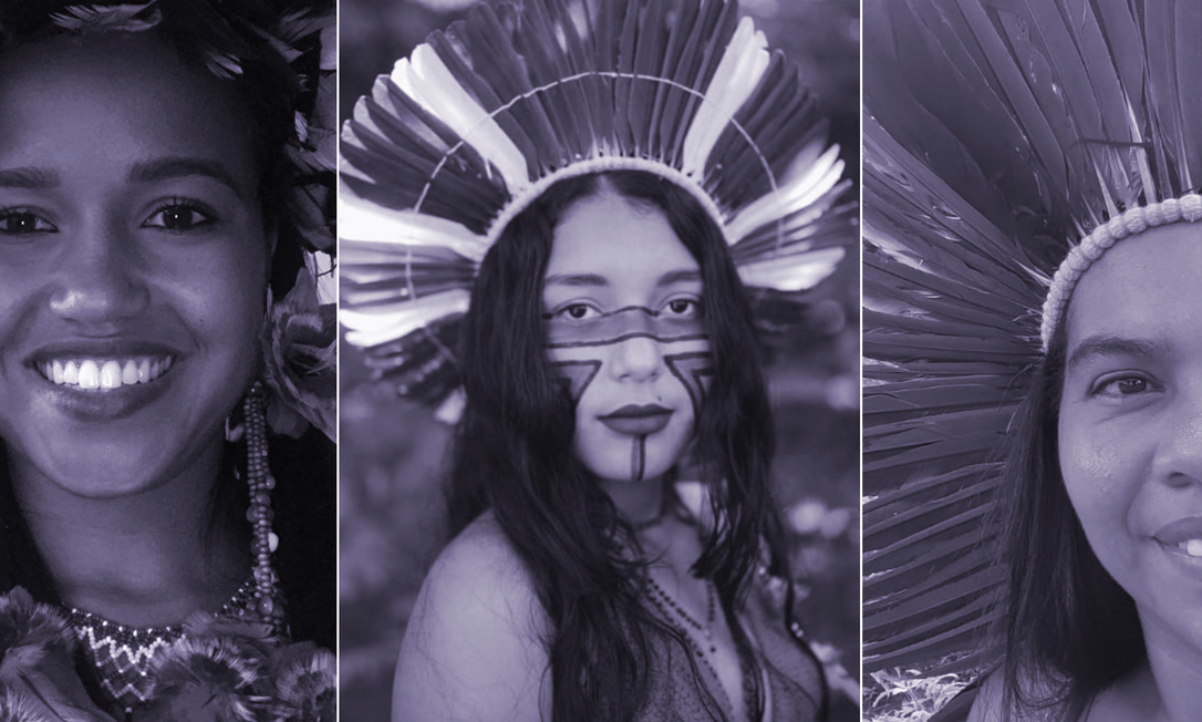 Mulheres indígenas: Jéssica Tupinambá, Clarisse Pataxó e Glicéria Tupinambá Foto: Acervo pessoal/Arte / Gisele Araújo
