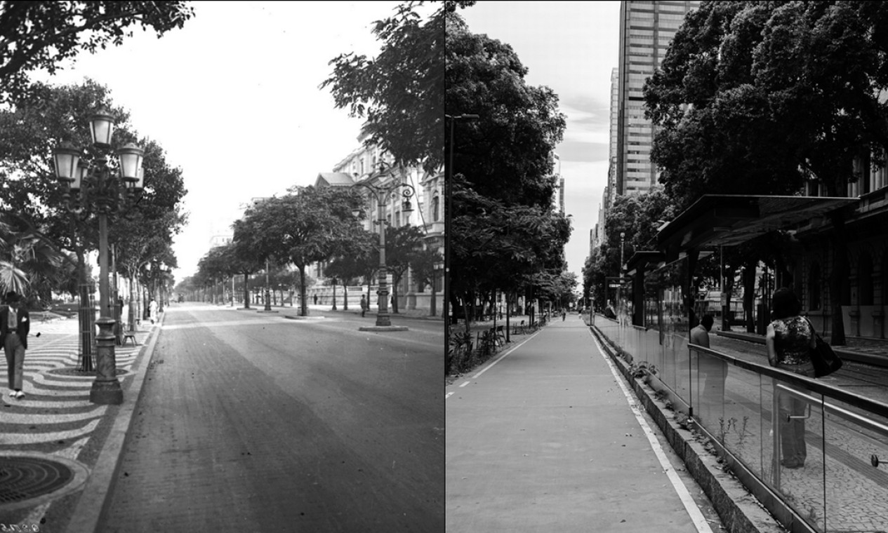 Avenida Rio Branco em 1921, foto de Augusto Malta e registro atual. Foto: Luan Citele (fotos atuais) / Divulgação
