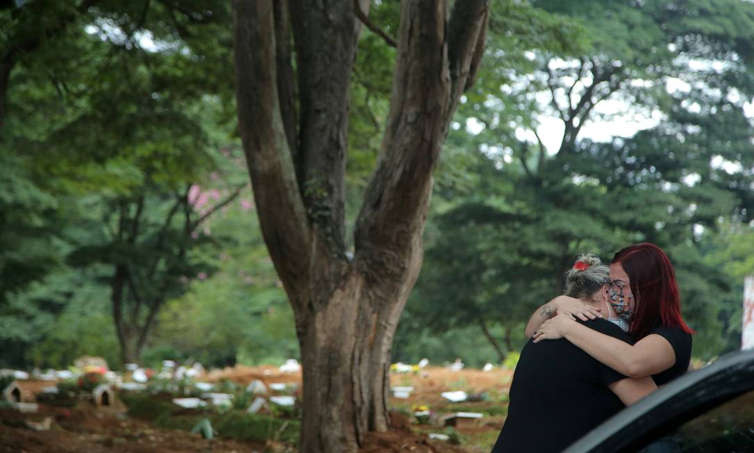 Parentes de Tereza Santos que morreu de COVID-19 reagem durante seu sepultamento no cemitério Vila Formosa, em São Paulo Foto: Carla Carniel / Reuters
