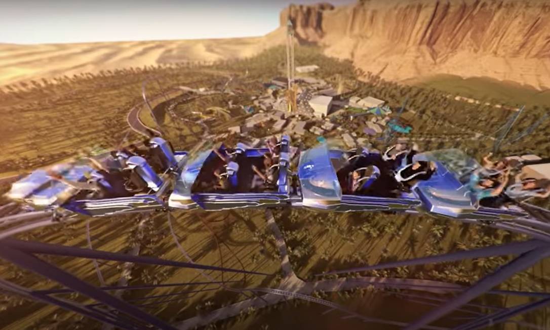 Simulação mostra como será a Falcon's Flight, projetada para ser a mais longa, mais alta e mais rápida montanha-russa do mundo, no futuro parque temático Six Flags Qiddiya, na Arábia Saudita Foto: Youtube / Qiddiya / Reprodução